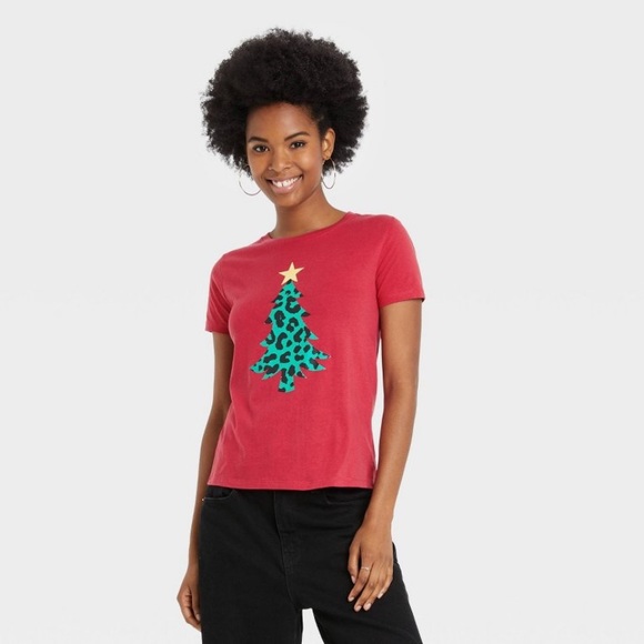 Mighty Fine | @ Animal Print Christmas Tree T-shirt NWT S Leopard - Picture 1 of 5